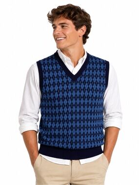 Paul Jones Men’s Blue Argyle V-Neck Preppy Sweater Vest Size Large
